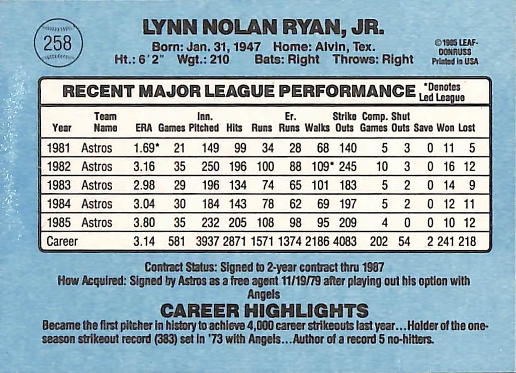 FIINR Baseball Card 1986 Donruss Nolan Ryan MLB Vintage Baseball Card #258 - Mint Condition