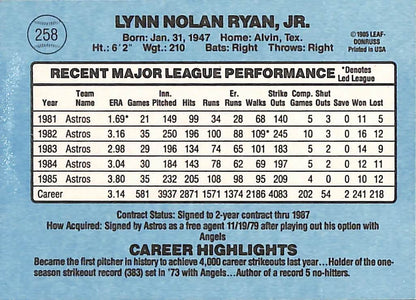 FIINR Baseball Card 1986 Donruss Nolan Ryan MLB Vintage Baseball Card #258 - Mint Condition