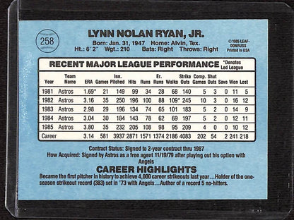 FIINR Baseball Card 1986 Donruss Nolan Ryan MLB Vintage Baseball Card #258 - Mint Condition