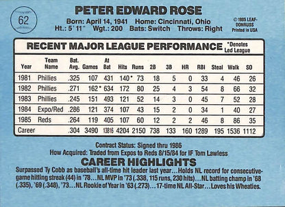 FIINR Baseball Card 1986 Donruss Pete Rose Manager Baseball Card #62 - Mint Condition