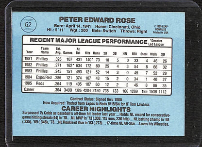 FIINR Baseball Card 1986 Donruss Pete Rose Manager Vintage Baseball Card #62 - Mint Condition