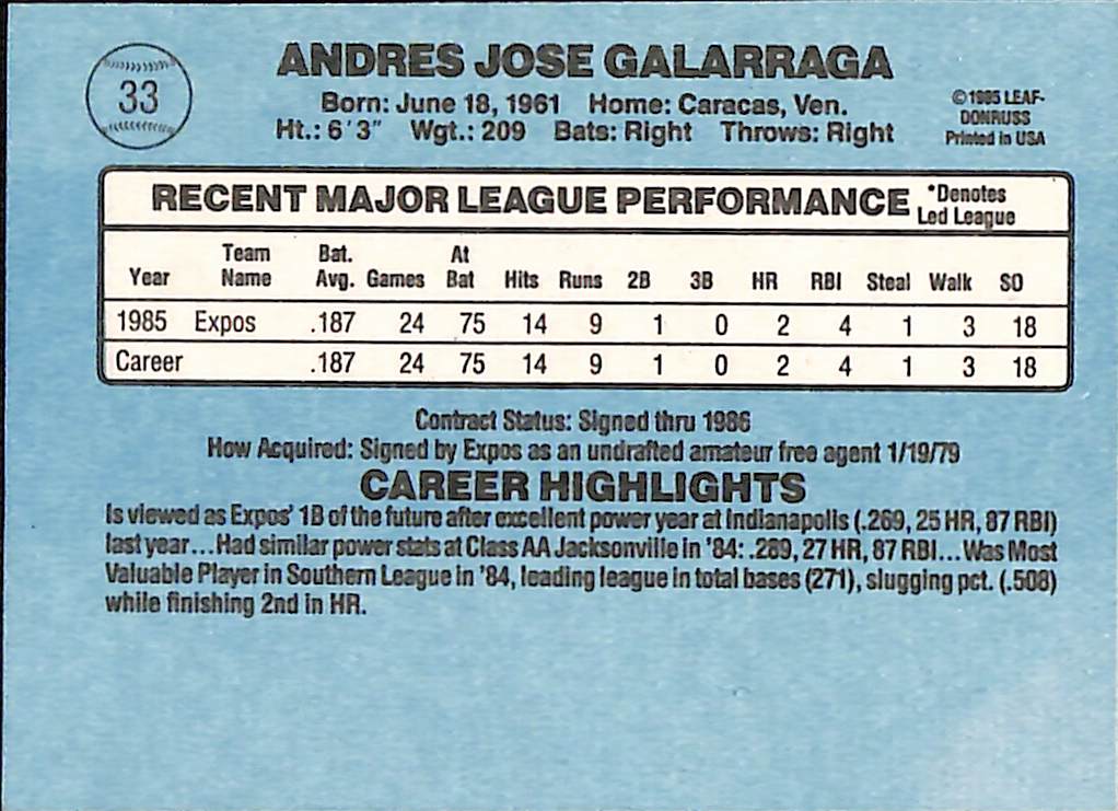 FIINR Baseball Card 1986 Donruss Rated Rookie Andres Galarraga MLB Baseball Card #33 - Rookie - Mint Condition