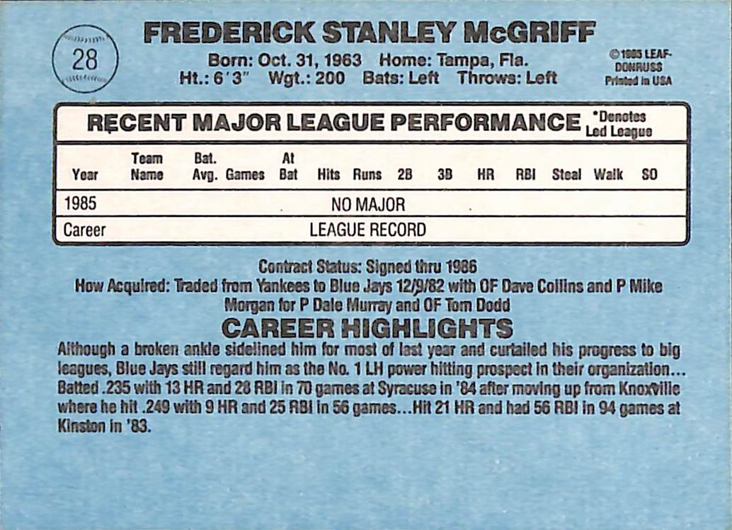 FIINR Baseball Card 1986 Donruss Rated Rookie Fred McGriff MLB Baseball Card #28 - Rookie Card - Mint Condition