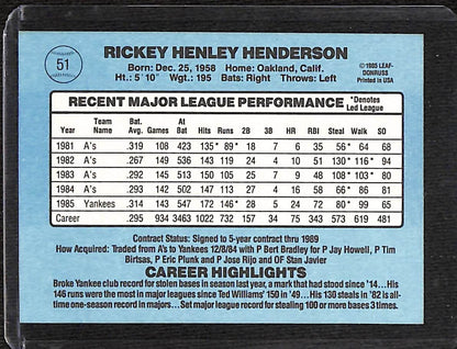 FIINR Baseball Card 1986 Donruss Rickey Henderson Vintage Baseball Card #51 - Mint Condition