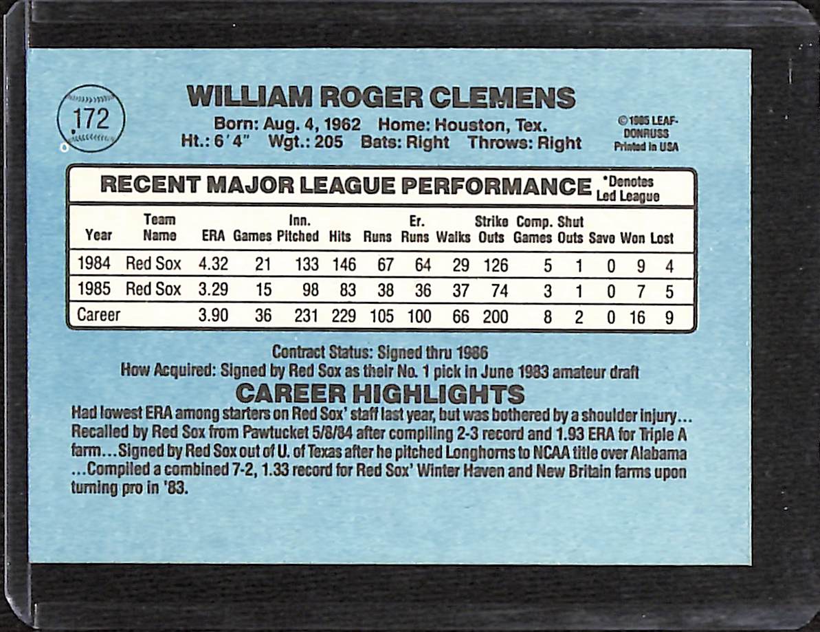 FIINR Baseball Card 1986 Donruss Roger Clemens Vintage Baseball Error Card #172 - Error Card - Mint Condition