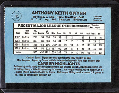 FIINR Baseball Card 1986 Donruss Tony Gwynn Vintage MLB Baseball Card #112 - Mint Condition
