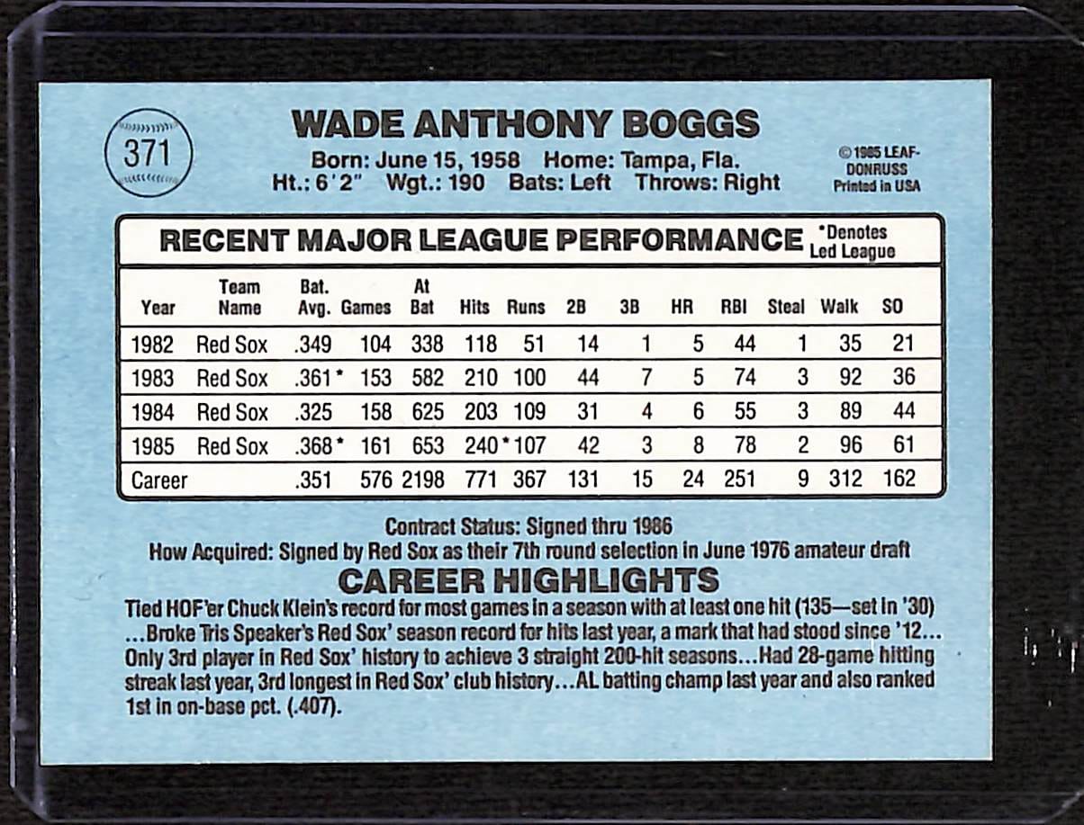 FIINR Baseball Card 1986 Donruss Wade Boggs MLB Vintage Baseball Card #371 - Mint Condition