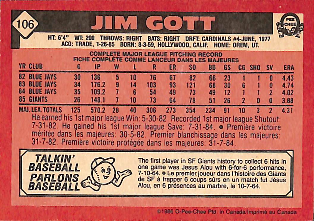 FIINR Baseball Card 1986 O-Pee-Chee Jim Gott Vintage MLB Baseball Card #106 - Mint Condition