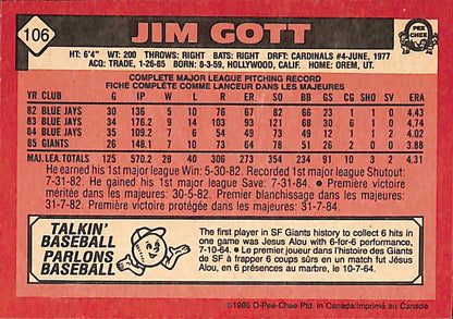 FIINR Baseball Card 1986 O-Pee-Chee Jim Gott Vintage MLB Baseball Card #106 - Mint Condition