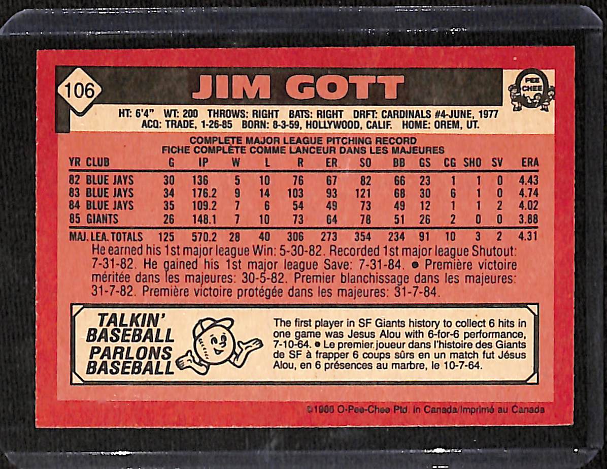 FIINR Baseball Card 1986 O-Pee-Chee Jim Gott Vintage MLB Baseball Card #106 - Mint Condition