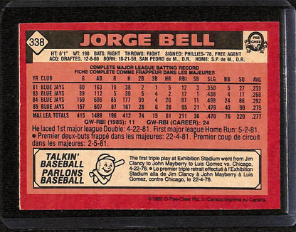 FIINR Baseball Card 1986 O-Pee-Chee Jorge Bell "George Bell" MLB Vintage Baseball Player Card #338 - Mint Condition