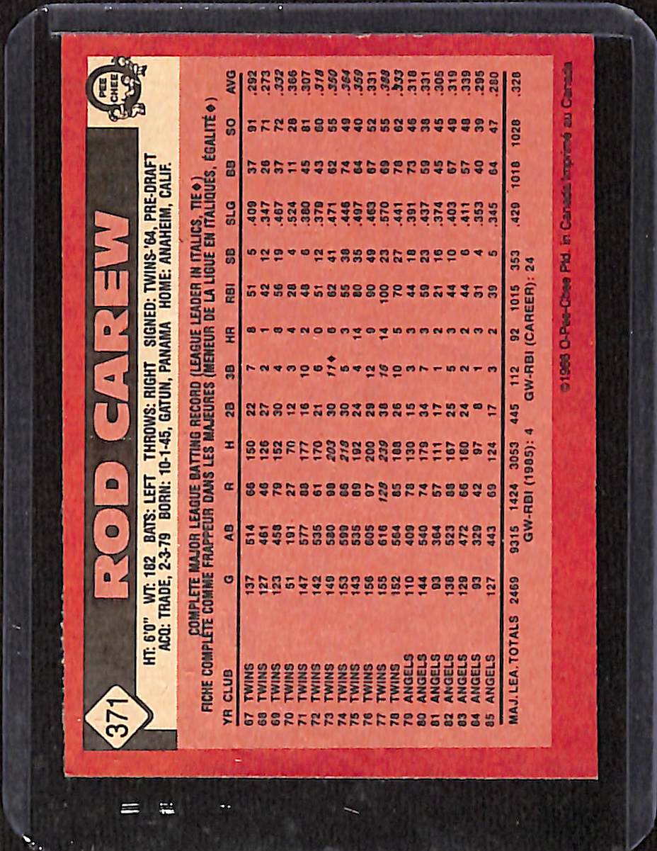 FIINR Baseball Card 1986 O-Pee-Chee Rod Carew Vintage MLB Baseball Card #371 - Mint Condition