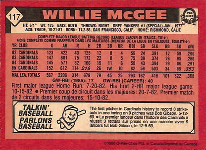 FIINR Baseball Card 1986 O-Pee-Chee Willie Mcgee Vintage MLB Baseball Card #117 - Mint Condition