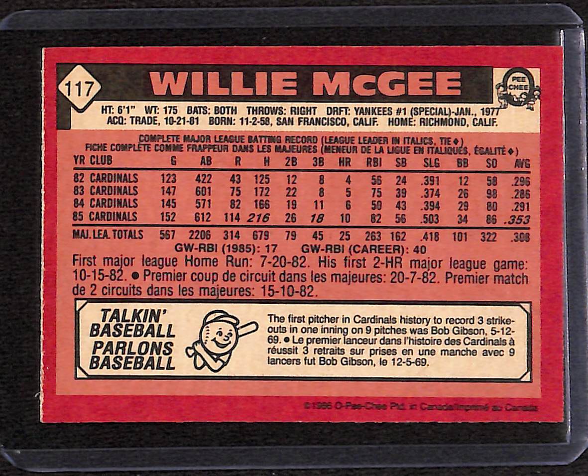 FIINR Baseball Card 1986 O-Pee-Chee Willie Mcgee Vintage MLB Baseball Card #117 - Mint Condition