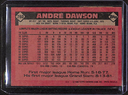 FIINR Baseball Card 1986 Topps Andre Dawson Vintage Baseball Card #760 - Mint Condition