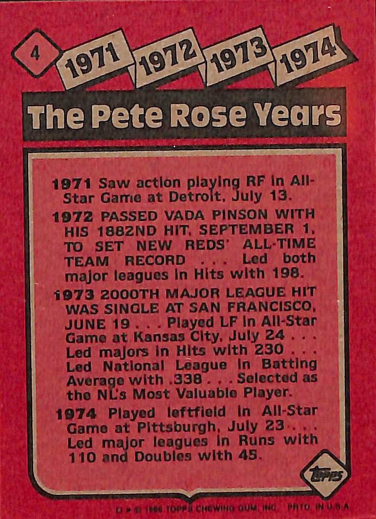 FIINR Baseball Card 1986 Topps Pete Rose Vintage Baseball Card #4 - Mint Condition