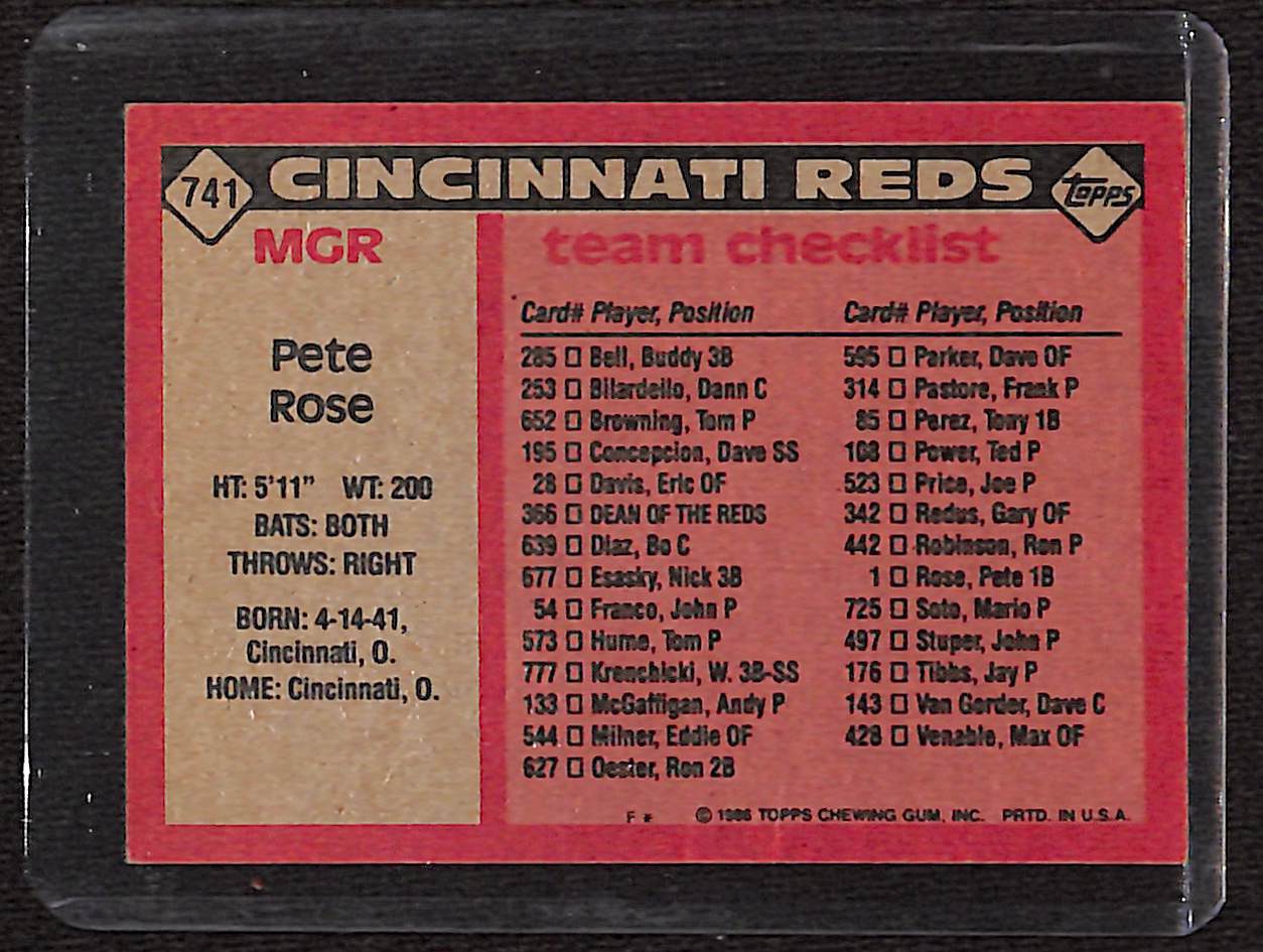 FIINR Baseball Card 1986 Topps Pete Rose Vintage Baseball Card #741 - Mint Condition