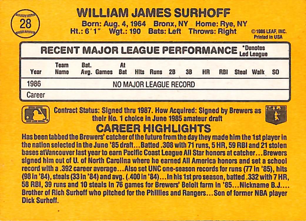 FIINR Baseball Card 1987 Donruss BJ Surhoff Rated Rookie Vintage Baseball Card #28 - Rookie Card - Mint Condition