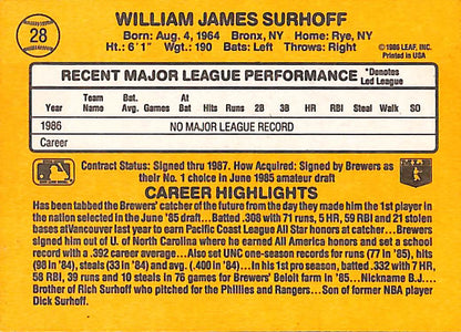 FIINR Baseball Card 1987 Donruss BJ Surhoff Rated Rookie Vintage Baseball Card #28 - Rookie Card - Mint Condition