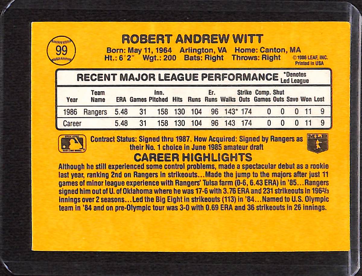 FIINR Baseball Card 1987 Donruss Bobby Witt Vintage Baseball Card #99 - Mint Condition