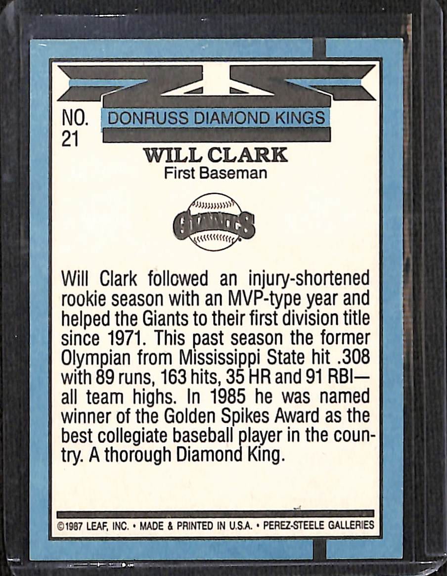 FIINR Baseball Card 1987 Donruss Diamond Kings Will Clark MLB Vintage Baseball Player Card #21 - Mint Condition