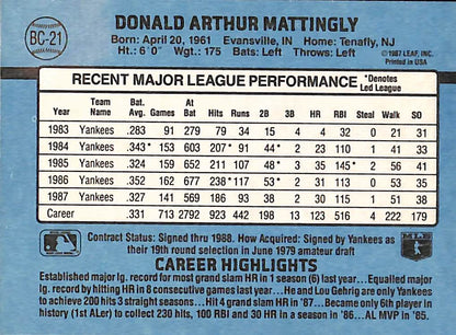 FIINR Baseball Card 1987 Donruss Don Mattingly MVP Baseball Card #BC-21 - Mint Condition