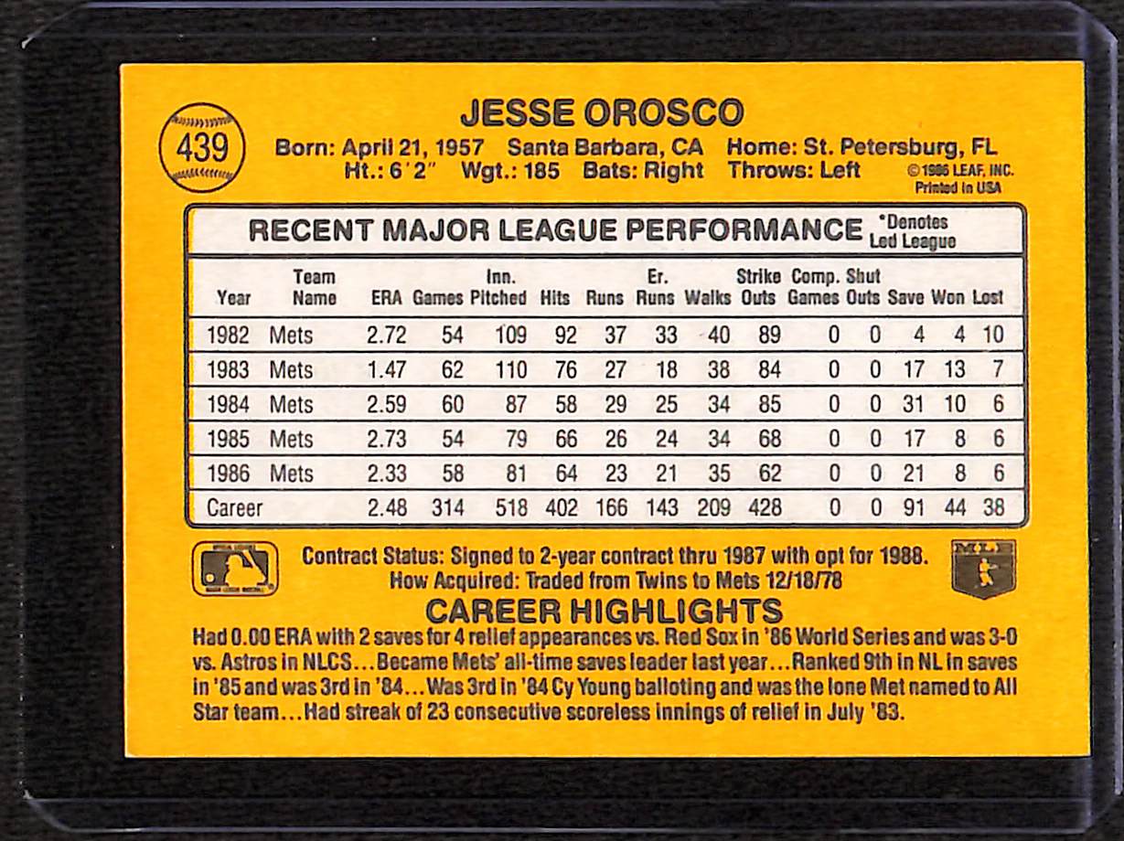 FIINR Baseball Card 1987 Donruss Jesse Orosco Vintage MLB Baseball Card #439 - Mint Condition