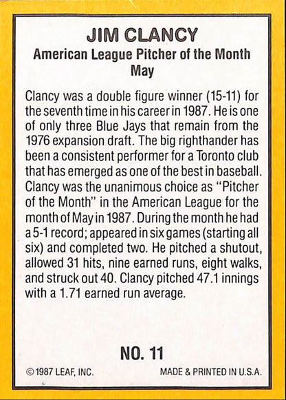 FIINR Baseball Card 1987 Donruss Jim Clancy Highlights Vintage MLB Baseball Card #11 - Mint Condition