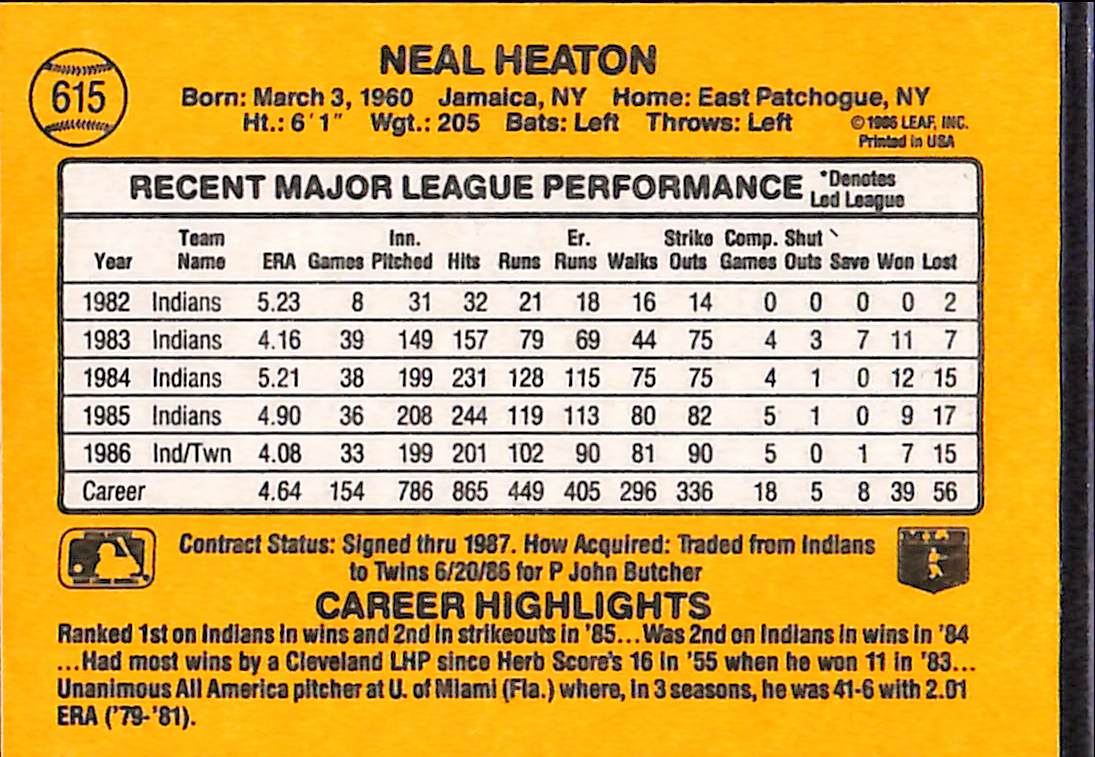 FIINR Baseball Card 1987 Donruss Neal Heaton Vintage MLB Baseball Card #615 - Mint Condition