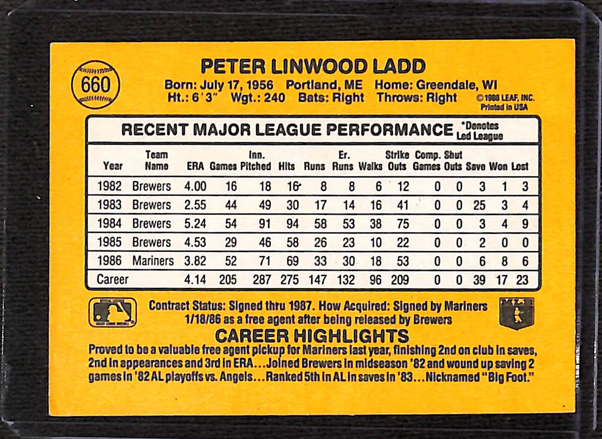 FIINR Baseball Card 1987 Donruss Pete Ladd Vintage MLB Baseball Card #660 - Mint Condition