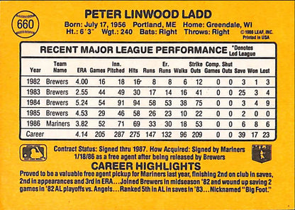 FIINR Baseball Card 1987 Donruss Pete Ladd Vintage MLB Baseball Card #660 - Mint Condition