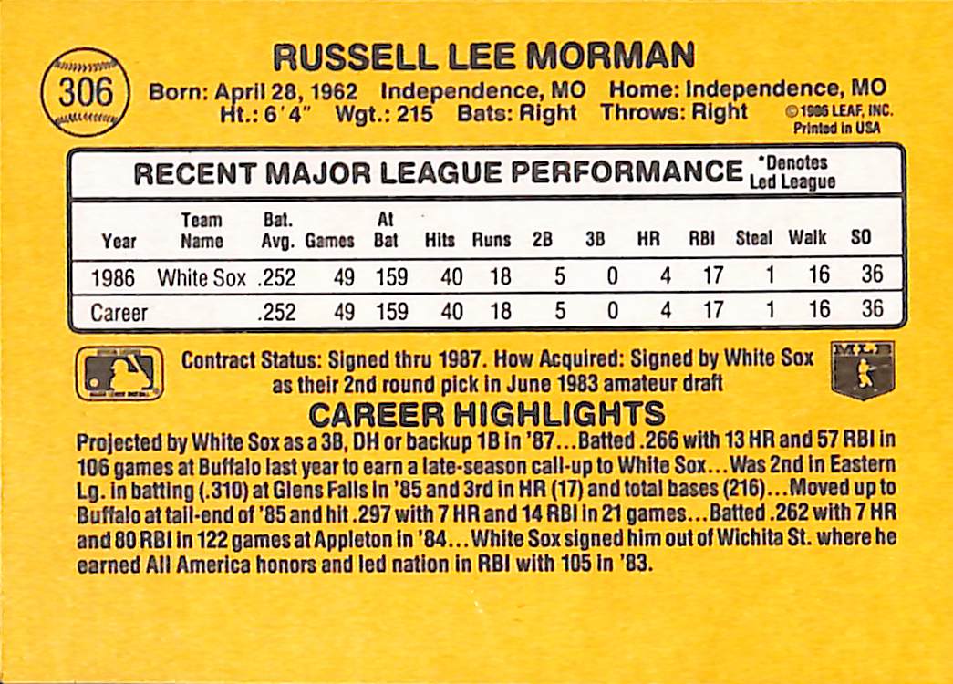 FIINR Baseball Card 1987 Donruss Russell Mormon Vintage MLB Baseball Card #306 - Mint Condition