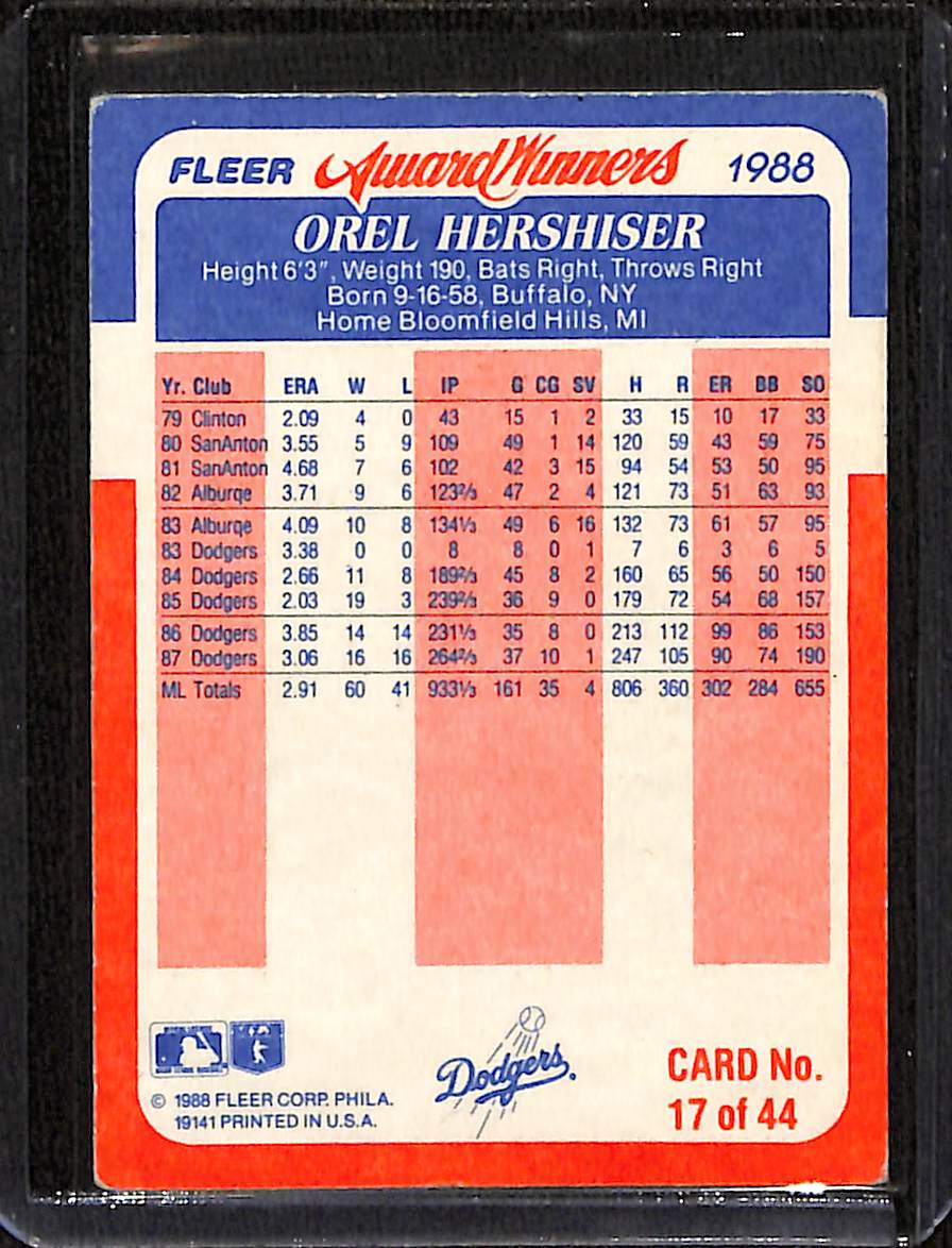 FIINR Baseball Card 1987 Fleer Orel Hershiser Rookie MLB Baseball Card #17 - Good Condition