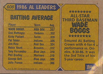 FIINR Baseball Card 1987 Topps All Star Wade Boggs Baseball Card #608 - Mint Condition