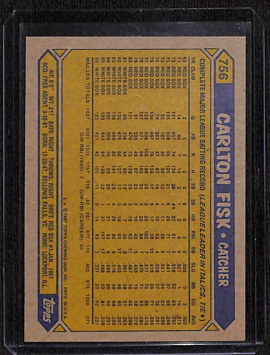 FIINR Baseball Card 1987 Topps Carlton Fisk Vintage MLB Baseball Card #756 - Mint Condition