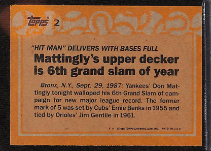 FIINR Baseball Card 1987 Topps Don Mattingly '87 Record Breaker Baseball Card #2 - Mint Condition