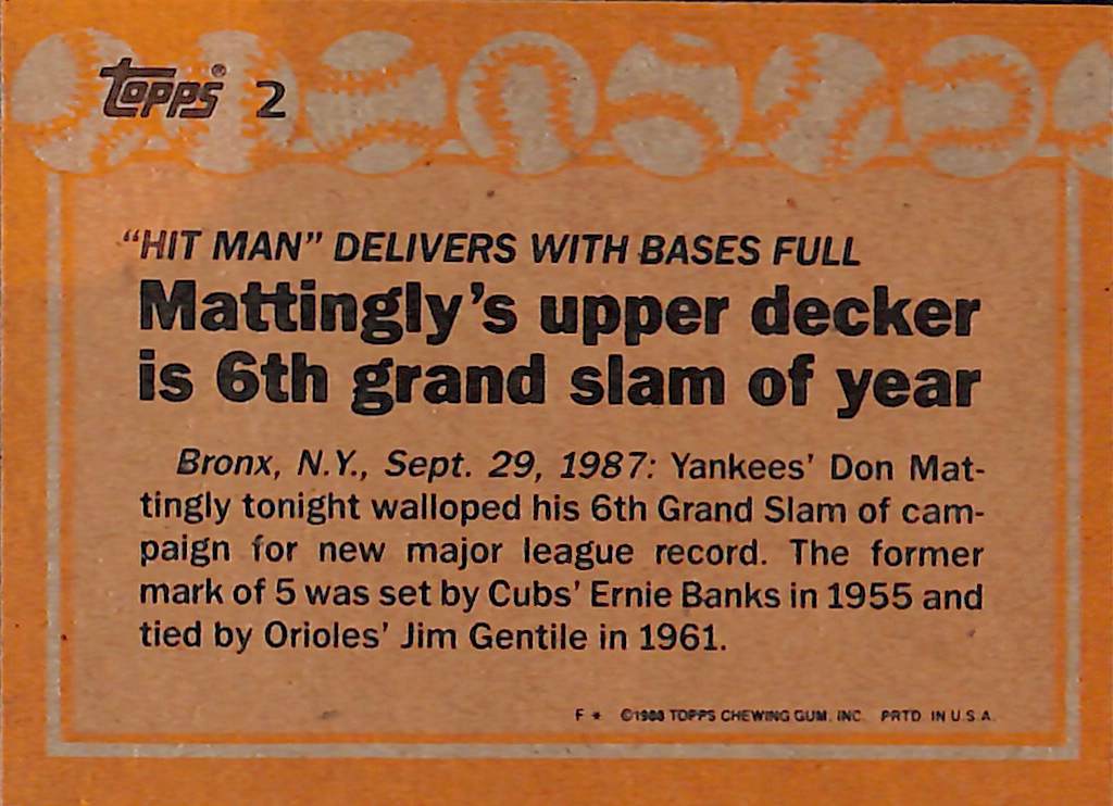 FIINR Baseball Card 1987 Topps Don Mattingly '87 Record Breaker Baseball Card #2 - Mint Condition