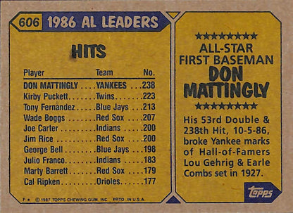 FIINR Baseball Card 1987 Topps Don Mattingly Vintage Baseball Error Card #606 - Dual Mustache Error Card - Pristine - Mint Condition