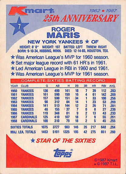 FIINR Baseball Card 1987 Topps Kmart Roger Maris MLB Baseball Card Yankees #7 - Vintage - Mint Condition