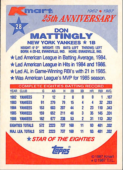 FIINR Baseball Card 1987 Topps Kmart Vintage Don Mattingly Baseball Card #28 - Mint Condition