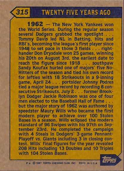 FIINR Baseball Card 1987 Topps Maury Wills Turn Back The Clock Baseball Card #315 - Mint Condition