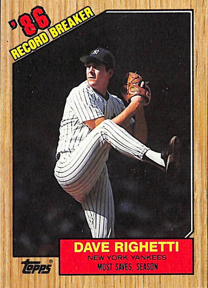 FIINR Baseball Card 1987 Topps Record Breaker Dave Righetti Vintage MLB Baseball Card #5 - Mint Condition