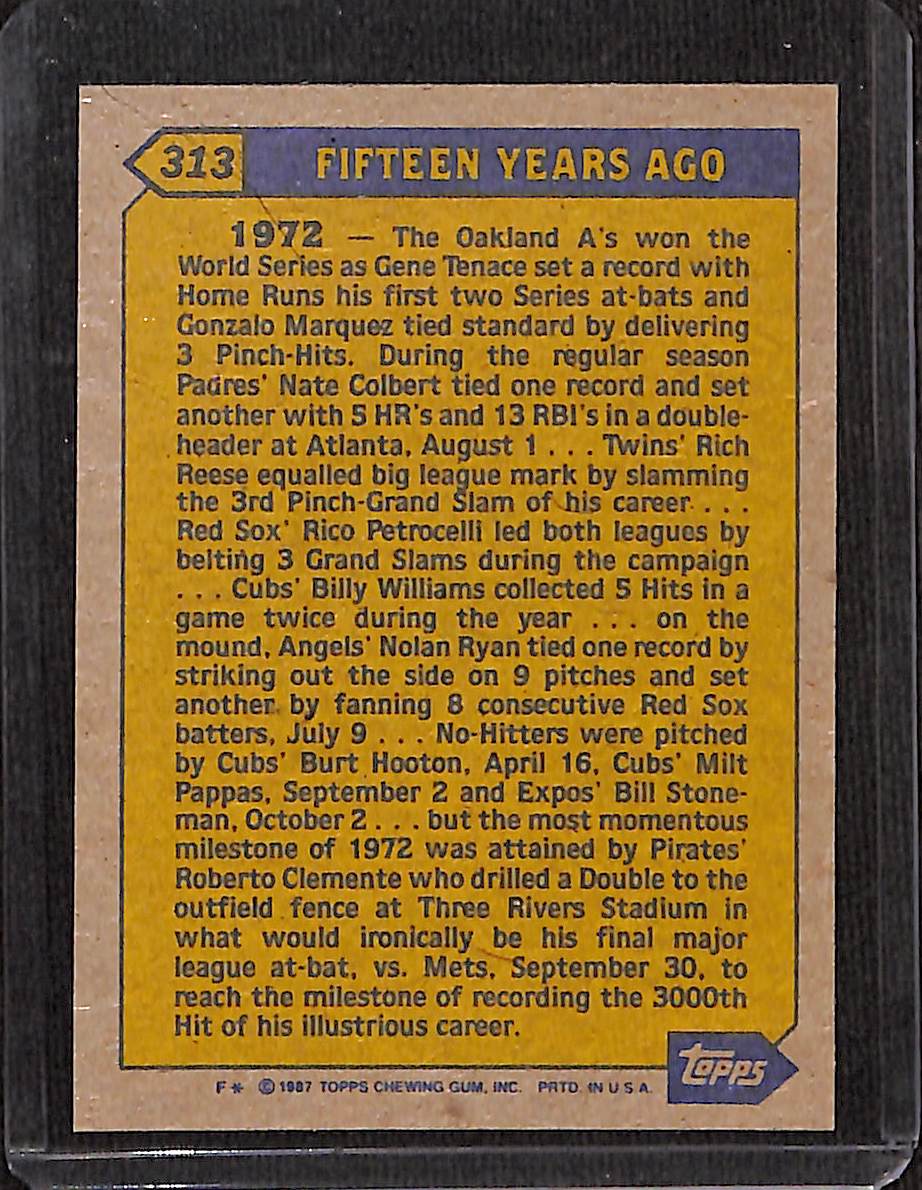 FIINR Baseball Card 1987 Topps Roberto Clemente Turn Back The Clock Vintage Baseball Card #313 - Mint Condition