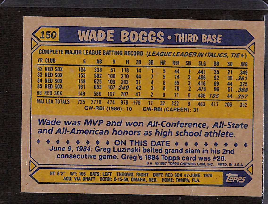 FIINR Baseball Card 1987 Topps Wade Boggs Baseball Card #150 - Mint Condition