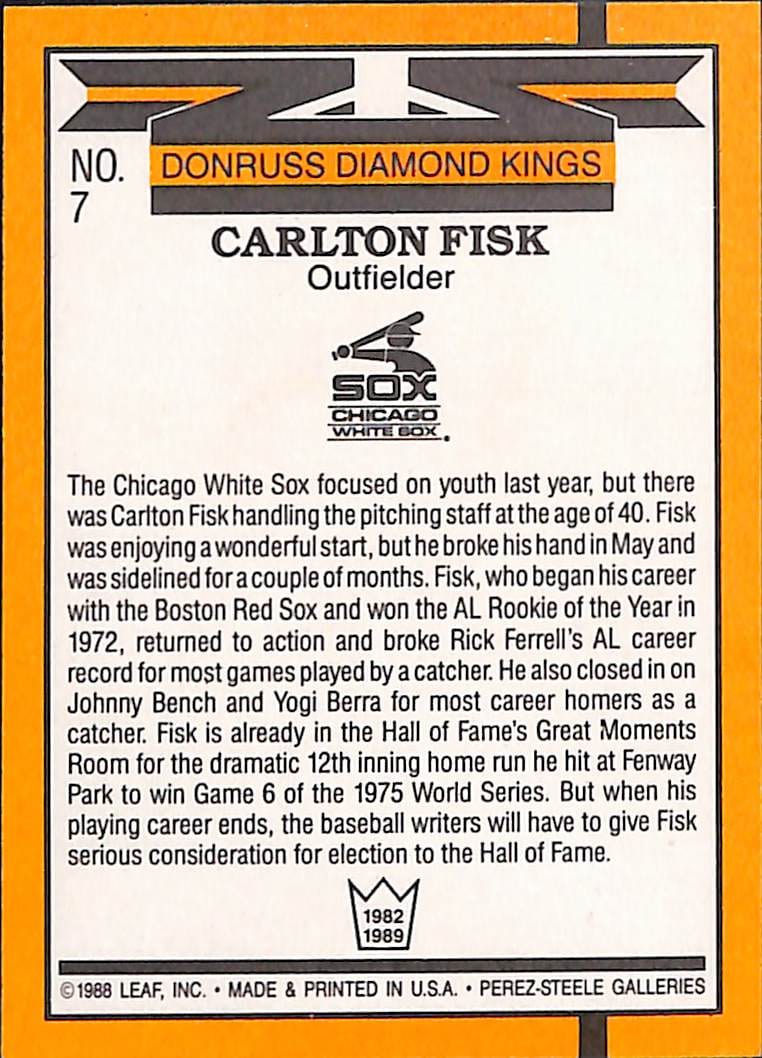 FIINR Baseball Card 1988 Donruss Diamond Kings Carlton Fisk MLB Baseball Card #7 - Mint Condition