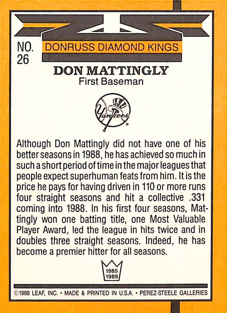 FIINR Baseball Card 1988 Donruss Diamond Kings Don Mattingly Baseball Card #26 - Mint Condition