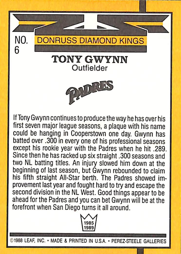 FIINR Baseball Card 1988 Donruss Diamond Kings Tony Gwynn Vintage MLB Baseball Card #6 - Mint Condition
