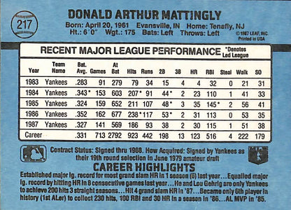 FIINR Baseball Card 1988 Donruss Don Mattingly Baseball Card #217 - Mint Condition