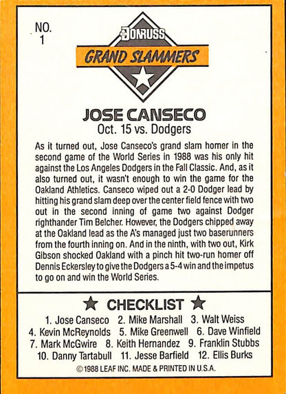 FIINR Baseball Card 1988 Donruss Grand Slammers Jose Canseco MLB Baseball Card #1 - Mint Condition