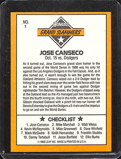 FIINR Baseball Card 1988 Donruss Grand Slammers Jose Canseco MLB Baseball Card #1 - Mint Condition
